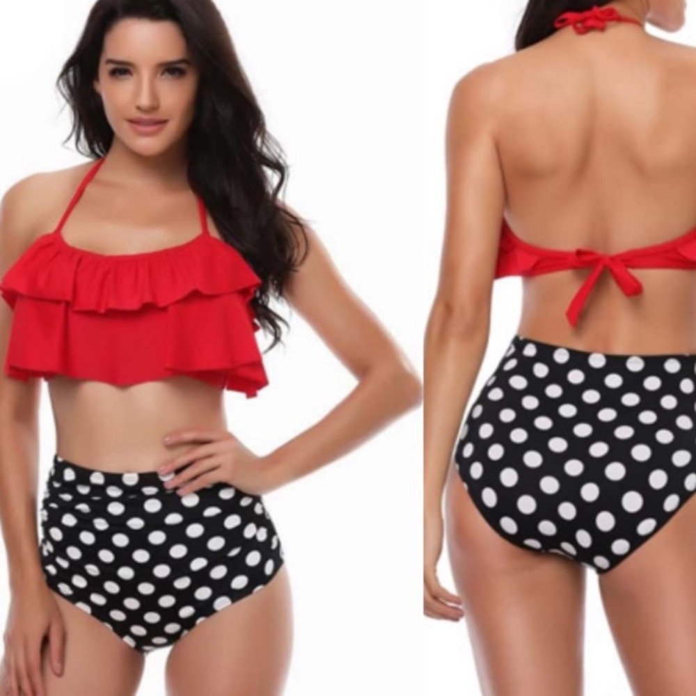🦋 3/$15 RED HALTER 2 PC FLOUNCE BIKINI HIGH WAISTED BOTTOM
